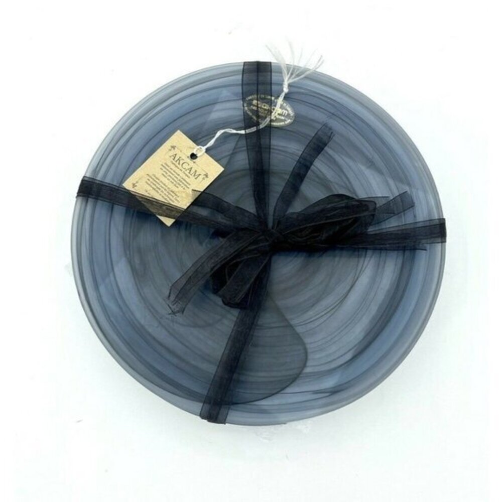 AKCAM Turkish Glass Set of 4 Salad Plates Black-Gray Swirl Desert Plates 8.25"